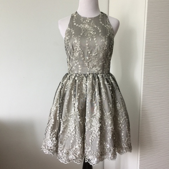 Bebe Floral Embroidered Lace Dress in Silver - Picture 1 of 7